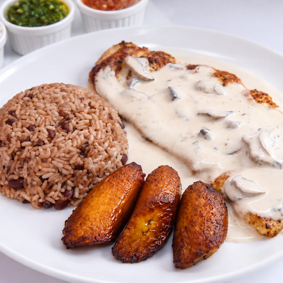 Grilled chicken breast topped with creamy mushroom sauce, served with rice and roasted sweet plantains.