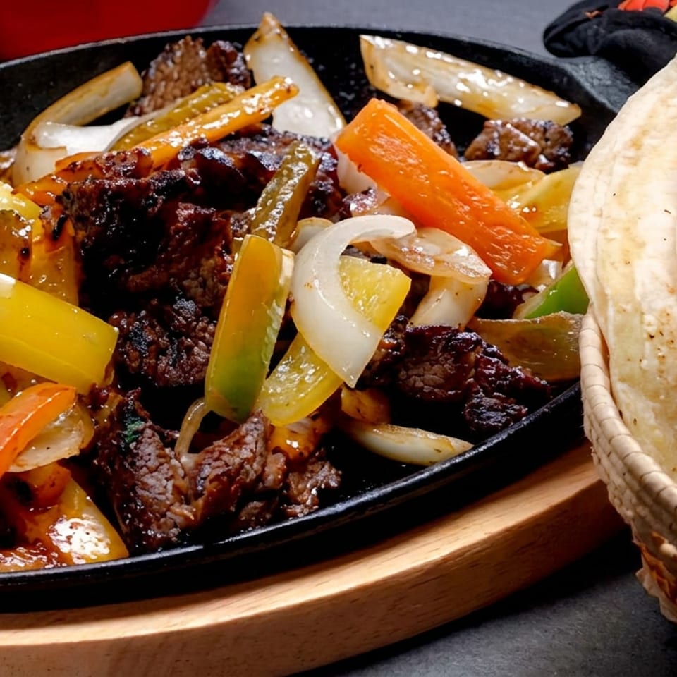 Sizzling beef fajitas with grilled onions and colorful bell peppers served on a black skillet beside warm flour tortillas.