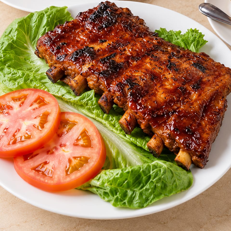 Glazed grilled barbecue ribs served on lettuce leaves with sliced tomatoes on a white plate.