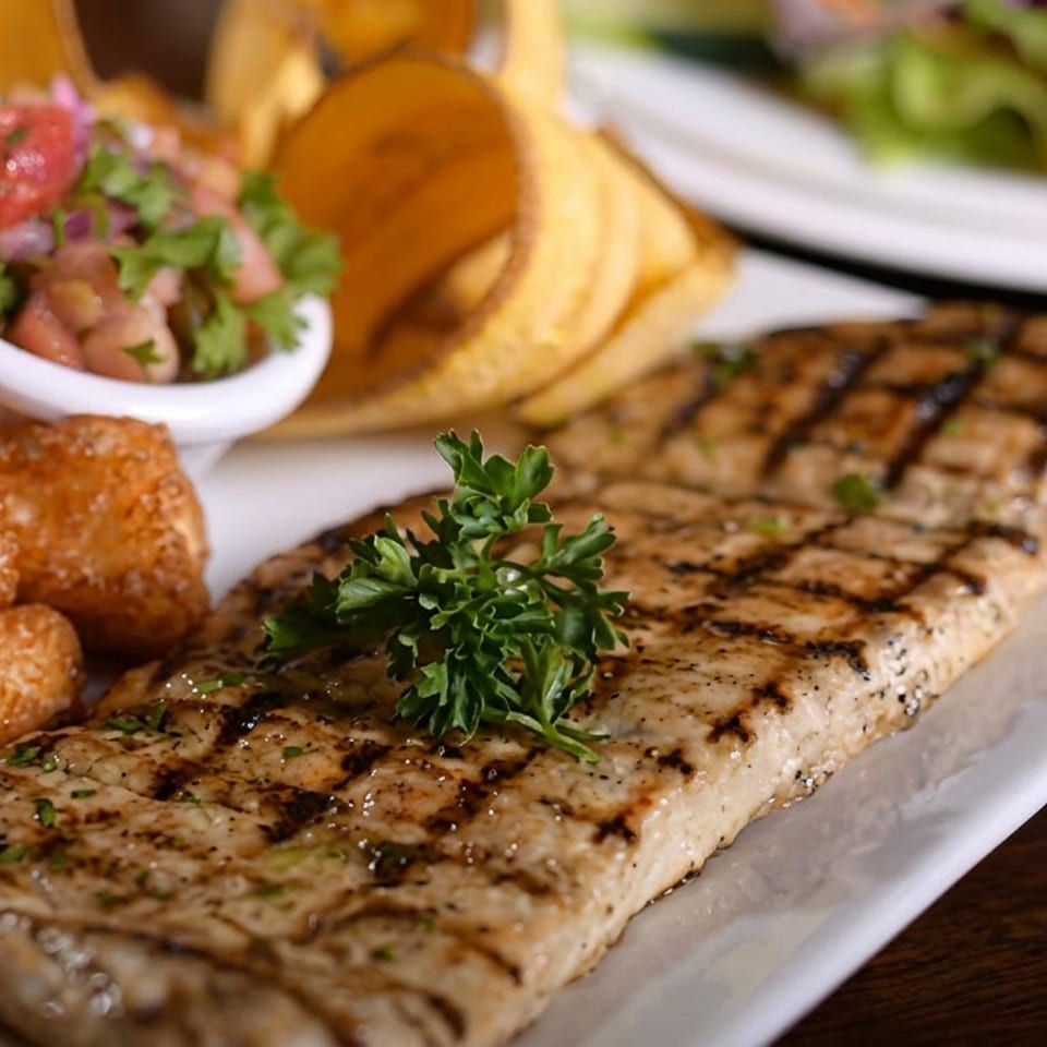 Grilled chicken breast garnished with parsley, served with golden potato bites, tortilla chips, salsa, and salad.