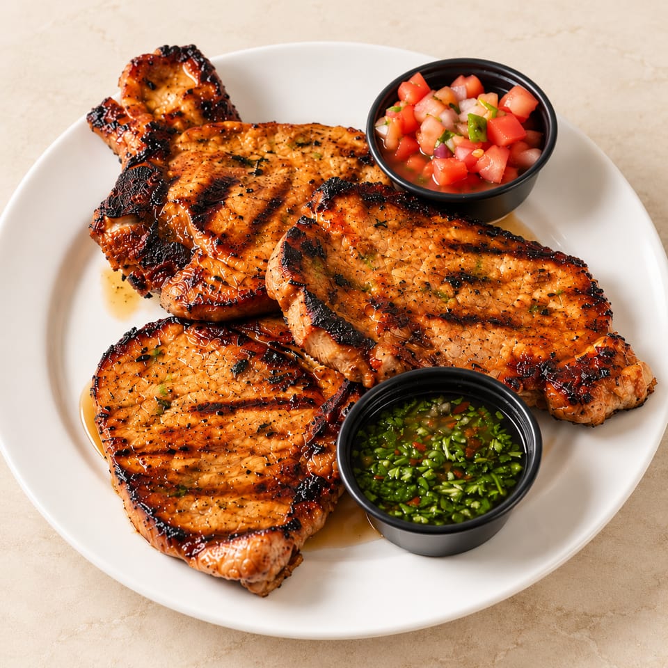Four grilled, glazed chicken breasts arranged on a white plate with bowls of fresh tomato salsa and green herb sauce.