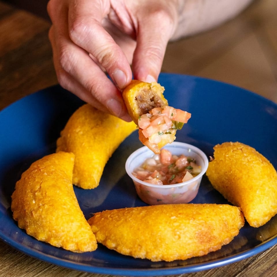 Golden fried empanadas arranged on a blue plate with dipping sauce, while a hand lifts one filled with chopped vegetables.